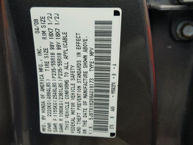 5J8TB18268A018173 - 2008 ACURA RDX GRAY photo 10