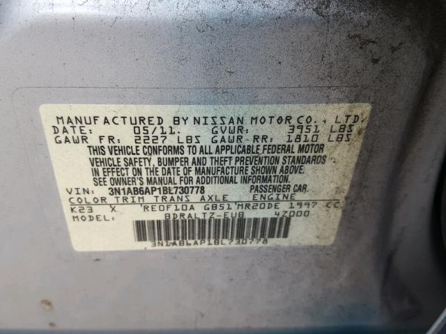 3N1AB6AP1BL730778 - 2011 NISSAN SENTRA 2.0 BLUE photo 10