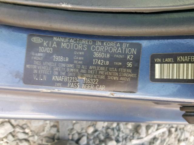 KNAFB121345316322 - 2004 KIA SPECTRA BA BLUE photo 10