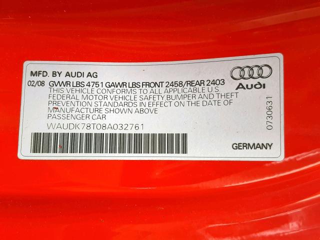 WAUDK78T08A032761 - 2008 AUDI A5 QUATTRO RED photo 10