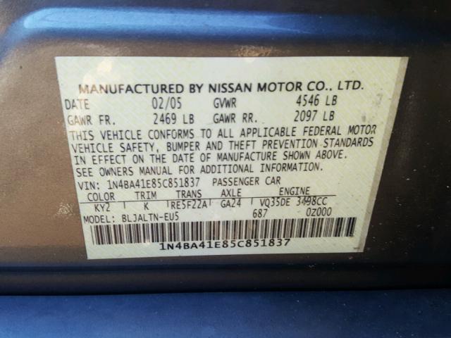 1N4BA41E85C851837 - 2005 NISSAN MAXIMA SE GRAY photo 10