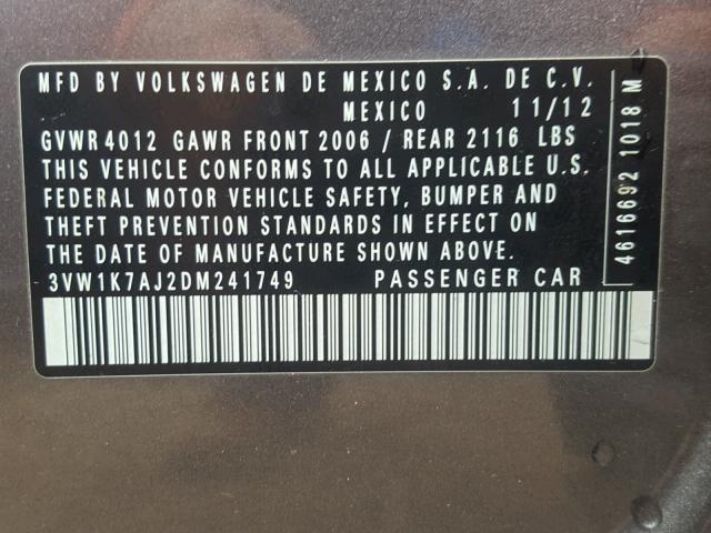 3VW1K7AJ2DM241749 - 2013 VOLKSWAGEN JETTA BASE Մոխրագույն լուսանկար 10