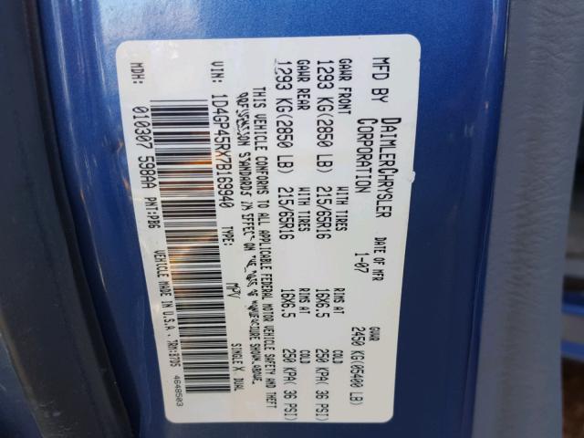 1D4GP45RX7B169940 - 2007 DODGE CARAVAN SX BLUE photo 10