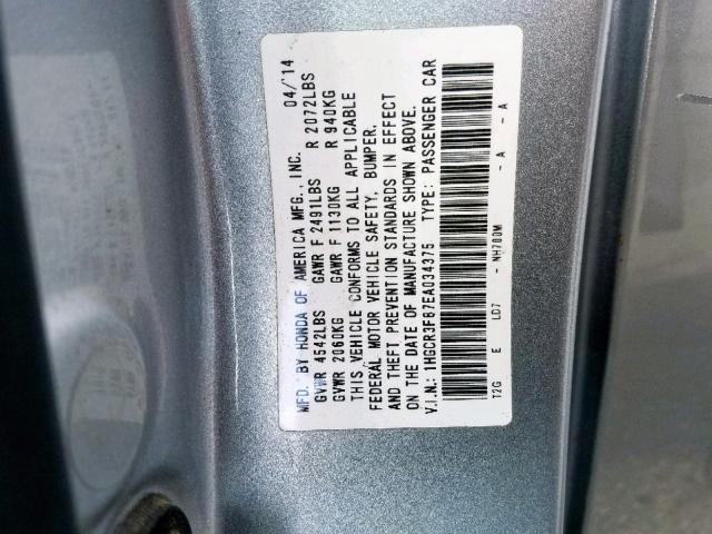 1HGCR3F87EA034375 - 2014 HONDA ACCORD EXL SILVER photo 10