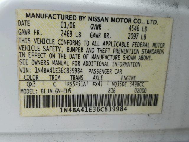 1N4BA41E36C839984 - 2006 NISSAN MAXIMA SE WHITE photo 10