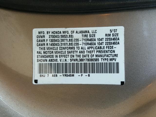 5FNRL38817B086585 - 2007 HONDA ODYSSEY TO TAN photo 10