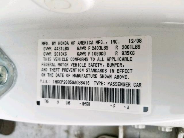 1HGCP26859A086416 - 2009 HONDA ACCORD EXL WHITE photo 10