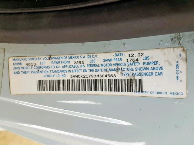 3VWCK21Y93M304563 - 2003 VOLKSWAGEN NEW BEETLE ლურჯი ფოტო 10