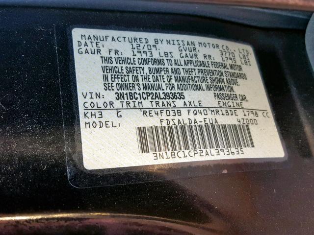 3N1BC1CP2AL393635 - 2010 NISSAN VERSA S BLACK photo 10