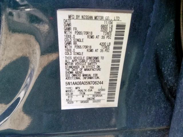 5N1AA08A05N706244 - 2005 NISSAN ARMADA SE GREEN photo 10