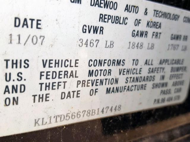 KL1TD56678B147448 - 2008 CHEVROLET AVEO BASE Қара фото 10