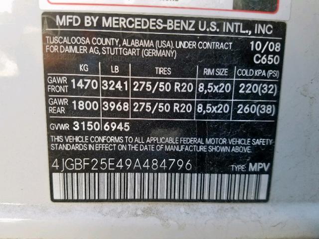 4JGBF25E49A484796 - 2009 MERCEDES-BENZ GL WHITE photo 10