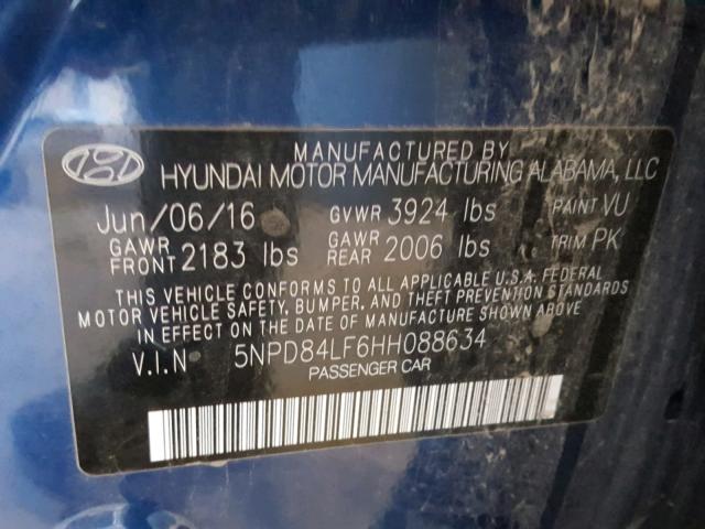 5NPD84LF6HH088634 - 2017 HYUNDAI ELANTRA BLUE photo 10