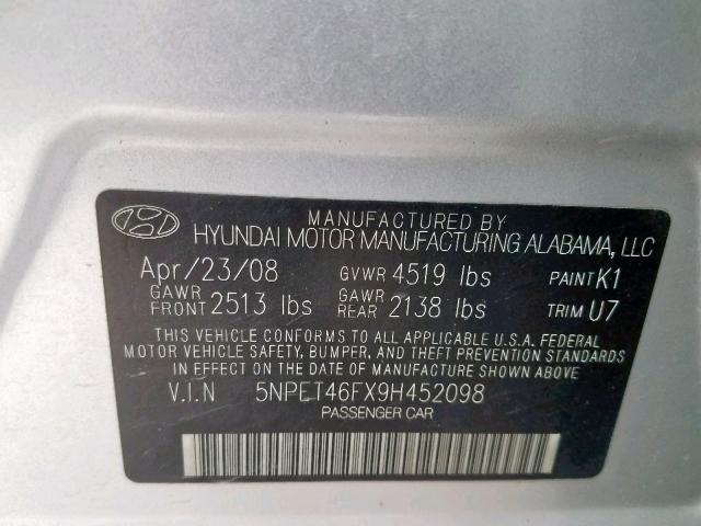 5NPET46FX9H452098 - 2009 HYUNDAI SONATA GLS SILVER photo 10