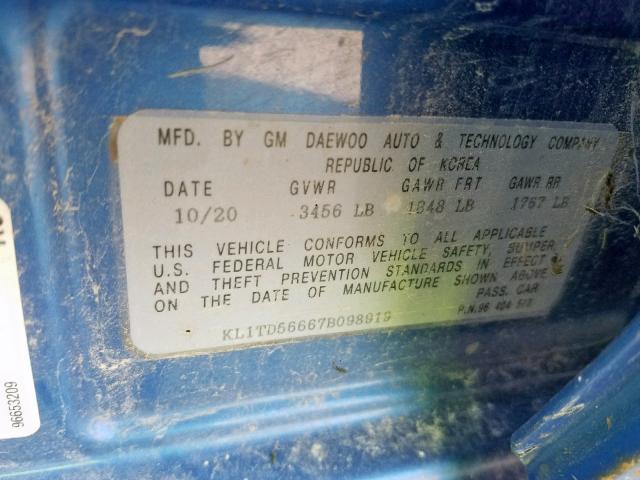 KL1TD56667B098919 - 2007 CHEVROLET AVEO BASE Көк фото 10