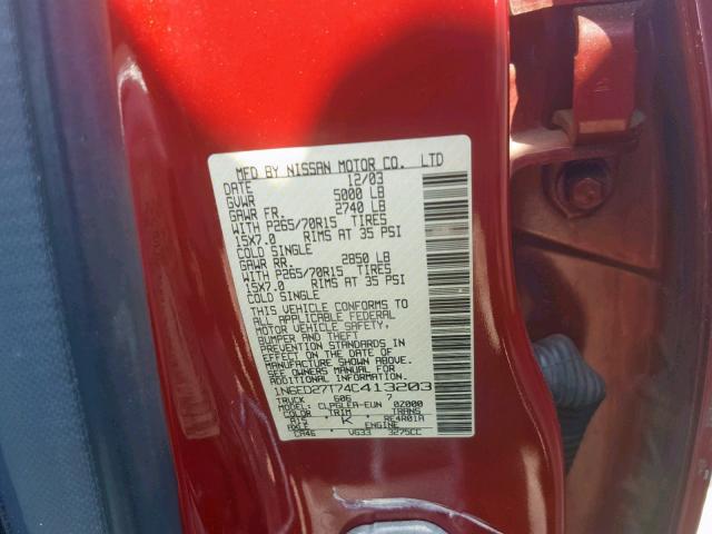 1N6ED27T74C413203 - 2004 NISSAN FRONTIER C RED photo 10