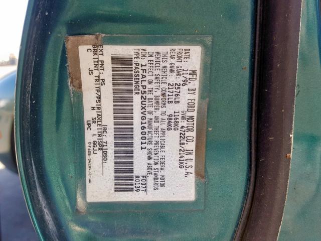 1FALP52UXVG160011 - 1997 FORD TAURUS GL GREEN photo 10