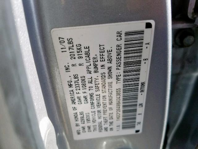 1HGCP26498A043855 - 2008 HONDA ACCORD LXP SILVER photo 10