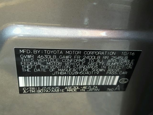 JTHBA1D28H5040119 - 2017 LEXUS IS 200T SILVER photo 10