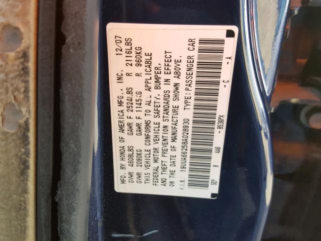 19UUA66258A028930 - 2008 ACURA TL BLUE photo 10