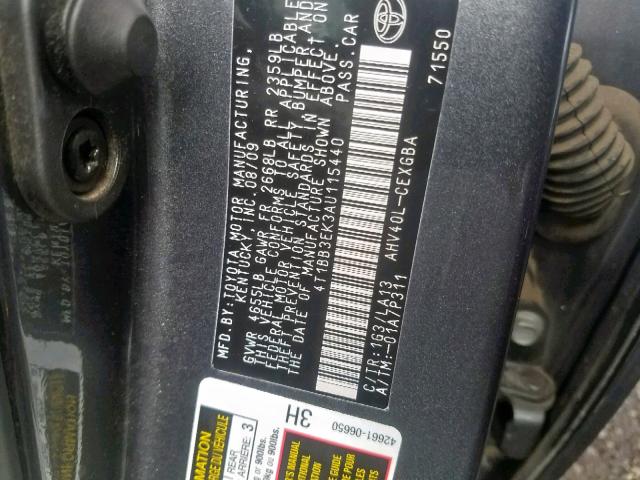 4T1BB3EK3AU115440 - 2010 TOYOTA CAMRY HYBR GRAY photo 10