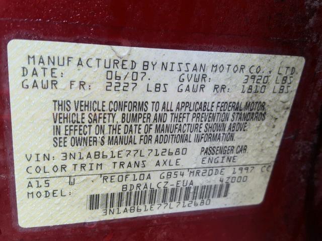 3N1AB61E77L712680 - 2007 NISSAN SENTRA 2.0 RED photo 10