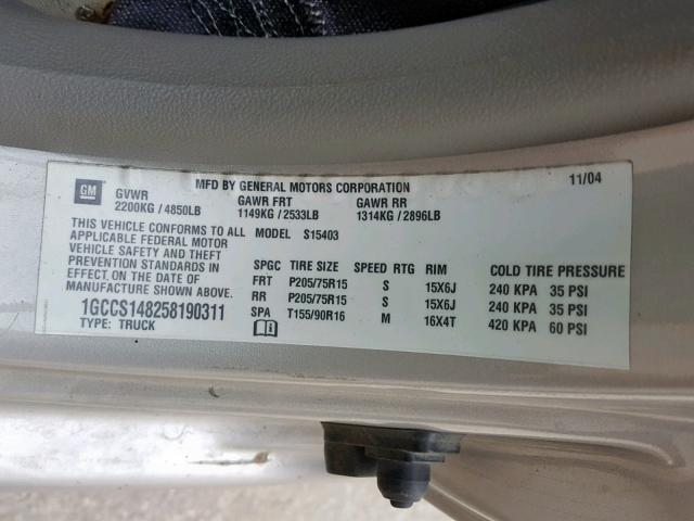 1GCCS148258190311 - 2005 CHEVROLET COLORADO BEIGE photo 10