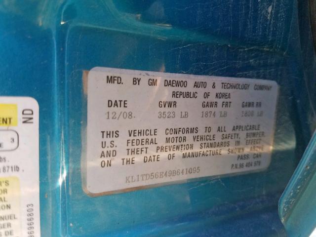 KL1TD56E49B641095 - 2009 CHEVROLET AVEO LS TEAL photo 10