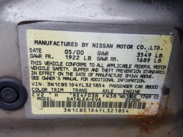 3N1CB51D4YL321854 - 2000 NISSAN SENTRA BAS TAN photo 10