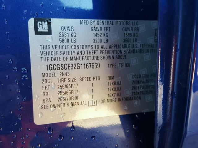 1GCGSCE32G1167669 - 2016 CHEVROLET COLORADO L BLUE photo 10