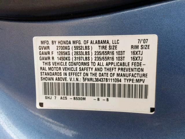 5FNRL38437B111094 - 2007 HONDA ODYSSEY EX BLUE photo 10