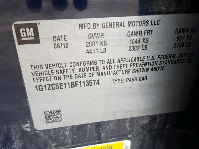 1G1ZC5E11BF113574 - 2011 CHEVROLET MALIBU 1LT BLUE photo 10