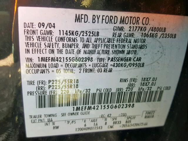 1MEFM42155G602398 - 2005 MERCURY MONTEGO PR BLACK photo 10