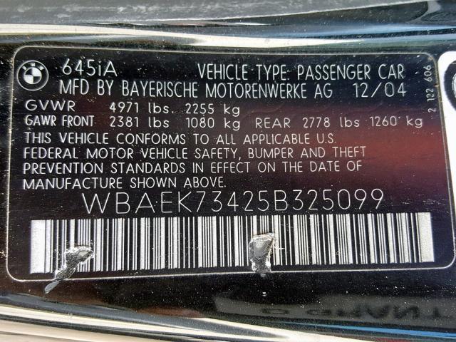 WBAEK73425B325099 - 2005 BMW 645 CI AUT BLACK photo 10