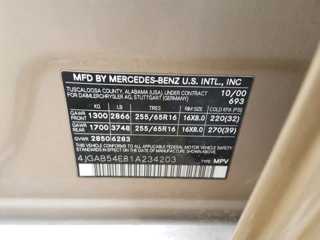 4JGAB54E81A234203 - 2001 MERCEDES-BENZ ML 320 GOLD photo 10