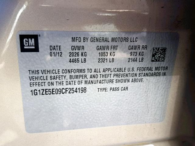 1G1ZE5E09CF254198 - 2012 CHEVROLET MALIBU LTZ თაფლისფერი ფოტო 10