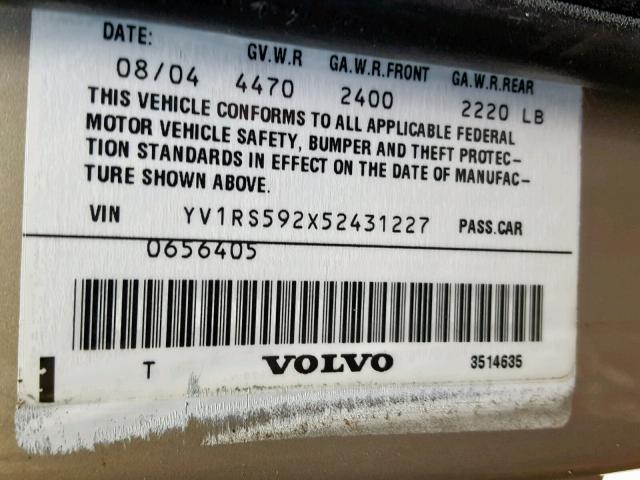 YV1RS592X52431227 - 2005 VOLVO S60 2.5T BEIGE photo 10