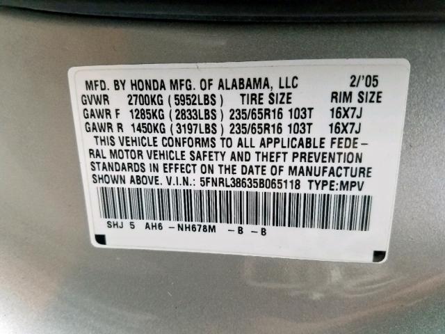 5FNRL38635B065118 - 2005 HONDA ODYSSEY EX SILVER photo 10