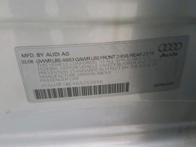 WAUAF78EX6A252656 - 2006 AUDI A4 2 SILVER photo 10