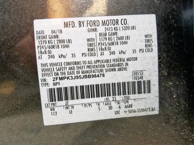 2FMPK3J95JBB98478 - 2018 FORD EDGE SEL GRAY photo 10