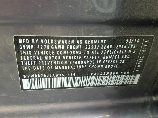 WVWDB7AJ6AW351974 - 2010 VOLKSWAGEN GOLF GRAY photo 10