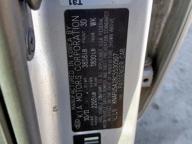 KNAFU5A28C5530507 - 2012 KIA FORTE EX SILVER photo 10