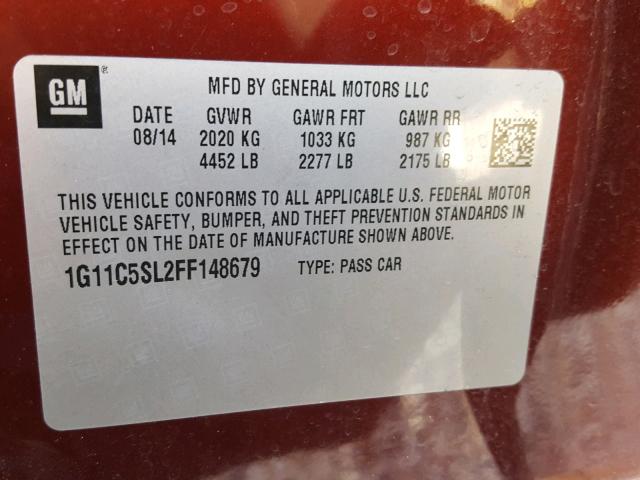 1G11C5SL2FF148679 - 2015 CHEVROLET MALIBU 1LT 红色 照片 10