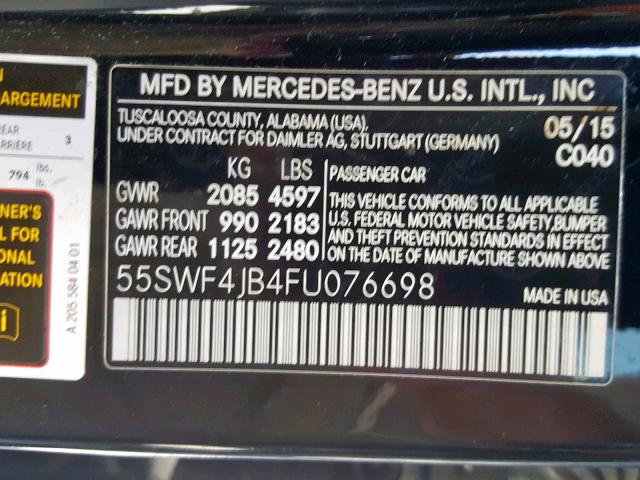 55SWF4JB4FU076698 - 2015 MERCEDES-BENZ C 300 BLACK photo 10