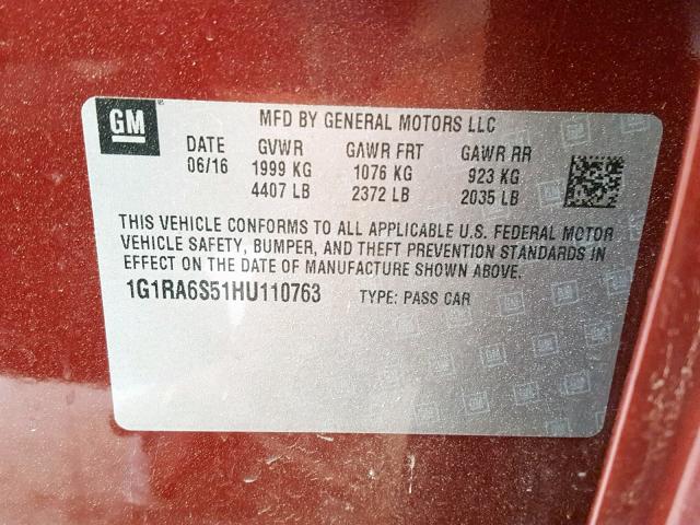 1G1RA6S51HU110763 - 2017 CHEVROLET VOLT LT RED photo 10