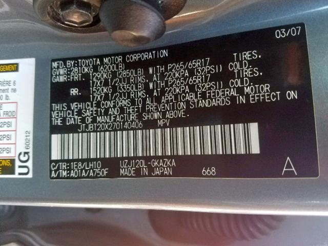 JTJBT20X270140406 - 2007 LEXUS GX 470 GRAY photo 10