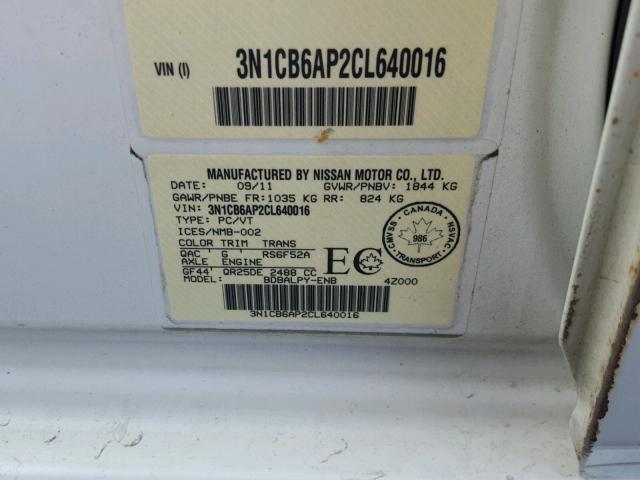 3N1CB6AP2CL640016 - 2012 NISSAN SENTRA SE- WHITE photo 10