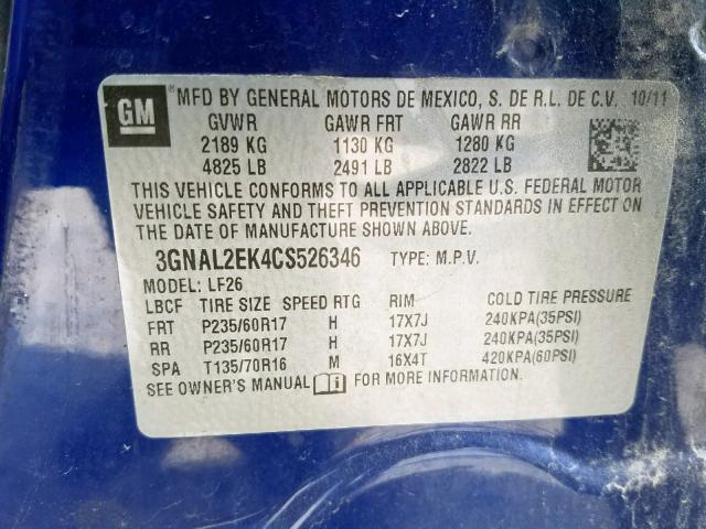 3GNAL2EK4CS526346 - 2012 CHEVROLET CAPTIVA SP BLUE photo 10