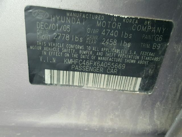 KMHFC46FX6A055669 - 2006 HYUNDAI AZERA SE GRAY photo 10