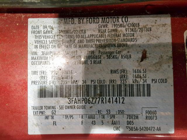 3FAHP06Z77R141412 - 2007 FORD FUSION S BURGUNDY photo 10